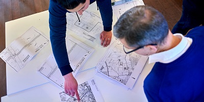 Two people working