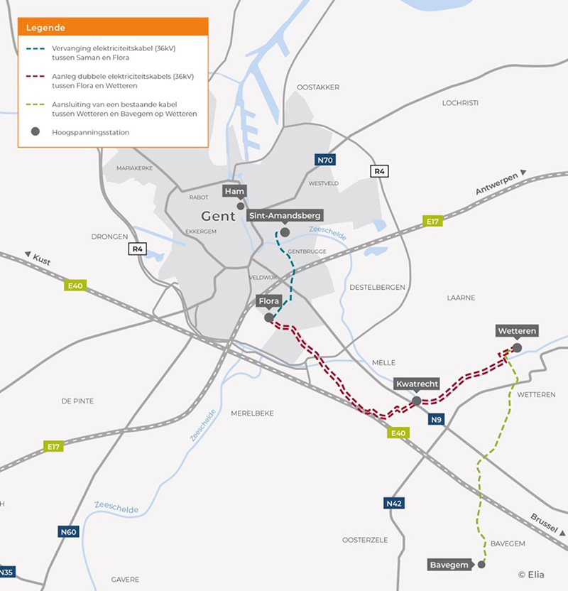 Pose de liaisons électriques souterraines (36 kV) entre les postes à haute tension de Sint-Amandsberg et Wetteren