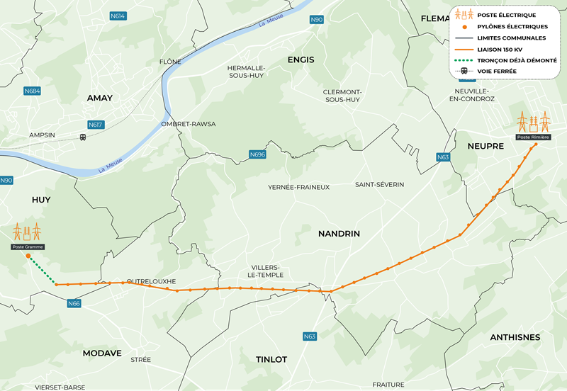 traject 150 kV-hoogspanningslijn Gramme-Rimière