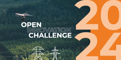 banner with flying drone above high-voltage line in a forest with Open Innovation Challenge 2024 written on the right side